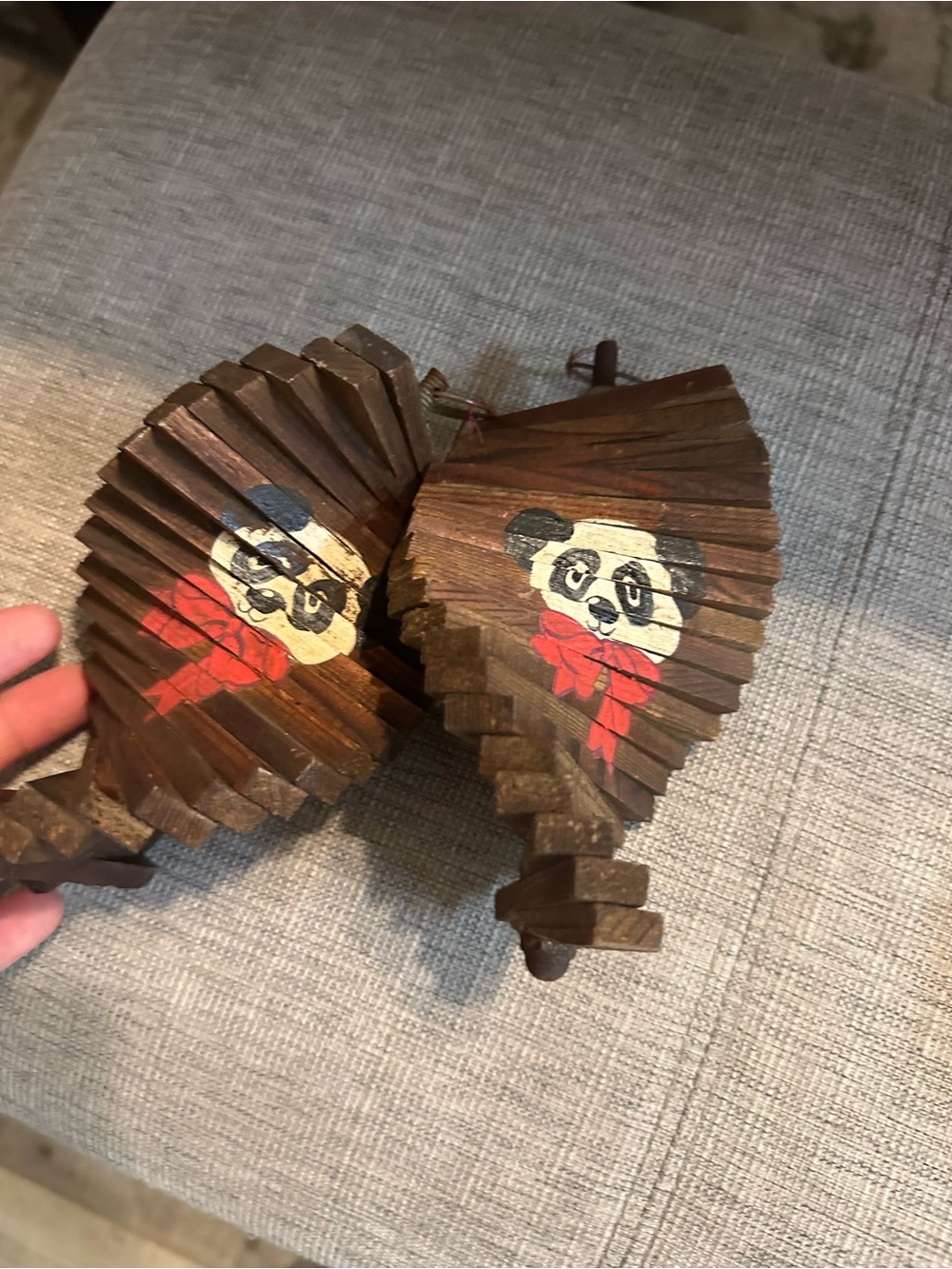 a vtg hand-painted wooden panda wind spinner mobile.